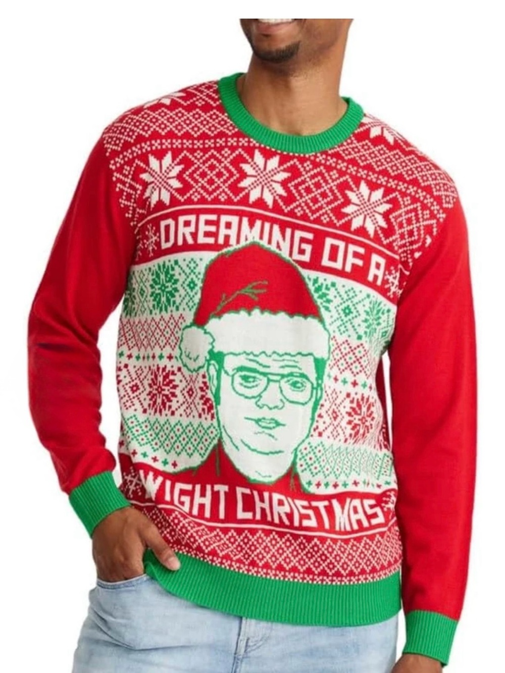 Men's Red Crewneck Sweater with Green Trim